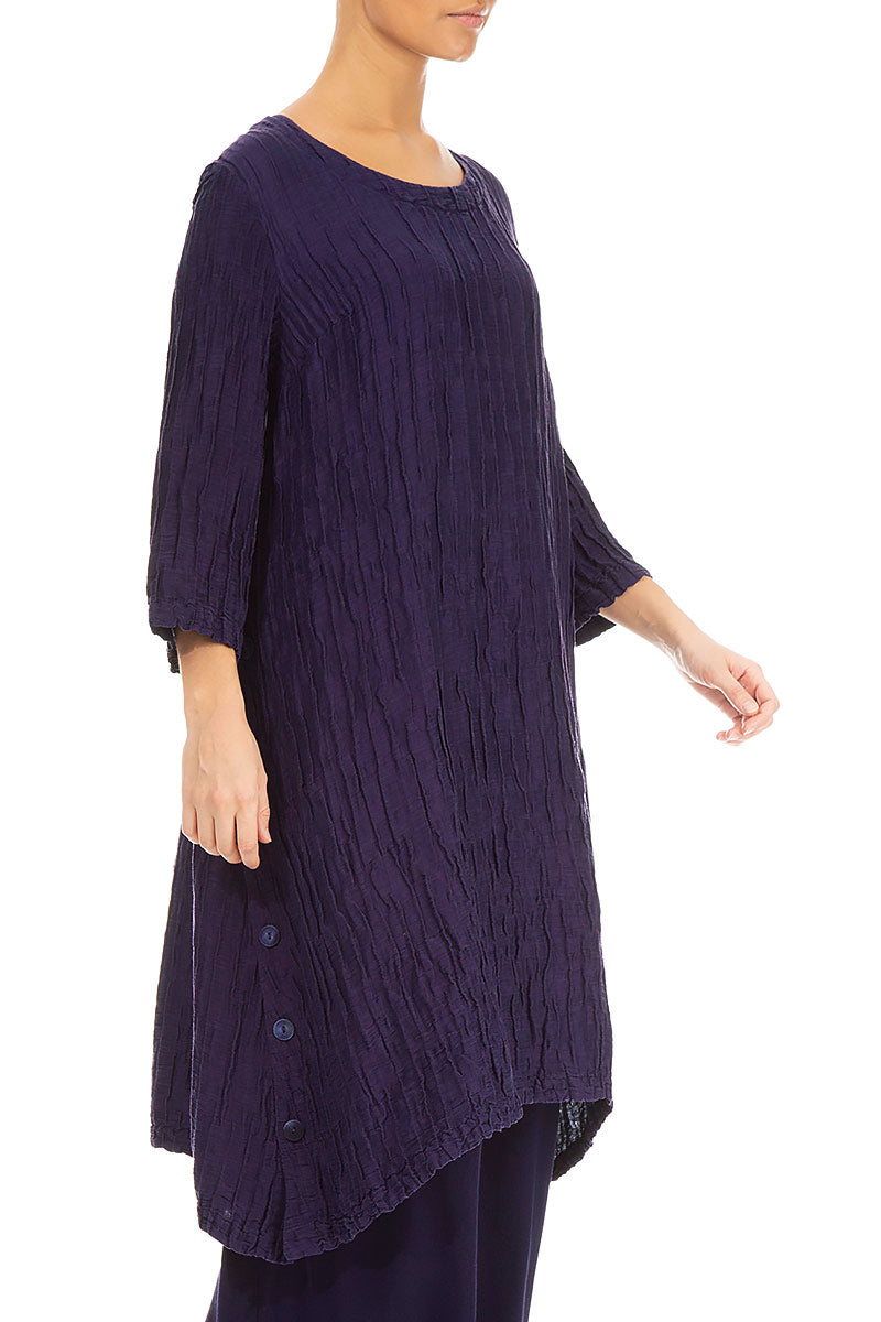 Buttoned Sides Crinkled Royal Purple Silk Linen Tunic 3