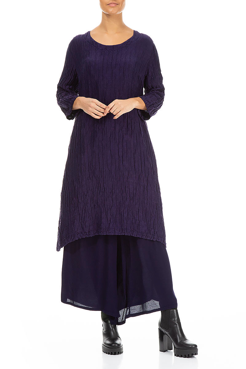 Buttoned Sides Crinkled Royal Purple Silk Linen Tunic 4