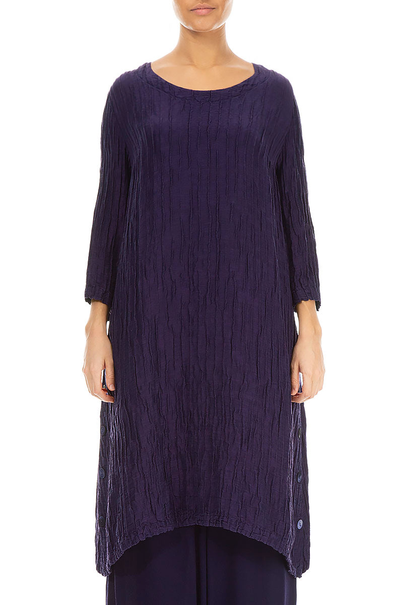 Buttoned Sides Crinkled Royal Purple Silk Linen Tunic 1