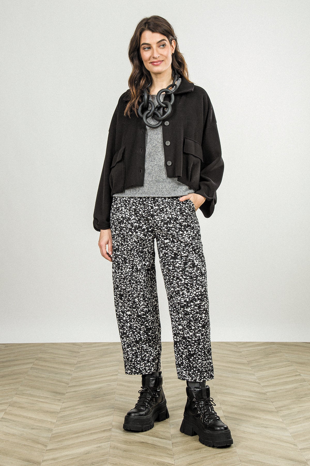 Buttoned Speckled Black White Cotton Trousers