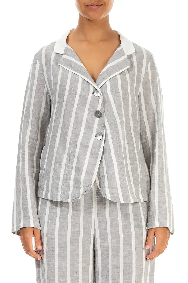 Buttoned Stripy Grey Linen Jacket 1