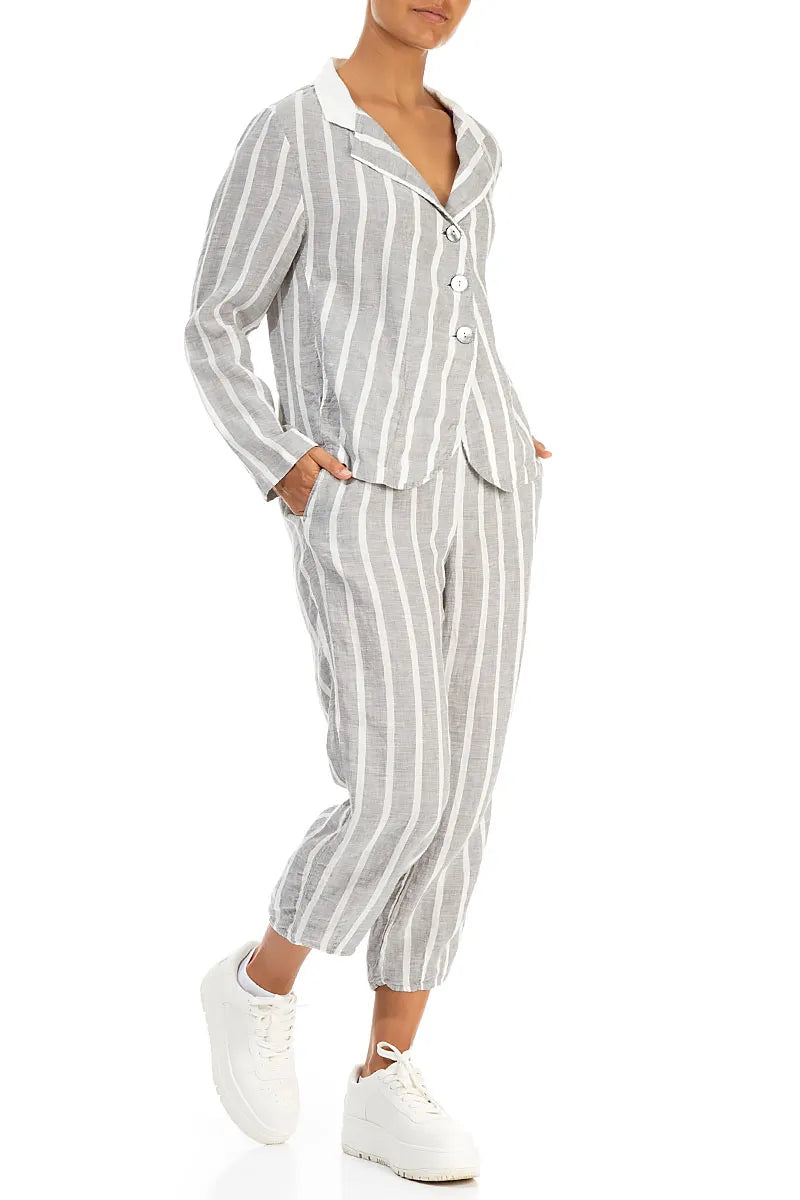 Buttoned Stripy Grey Linen Jacket 4