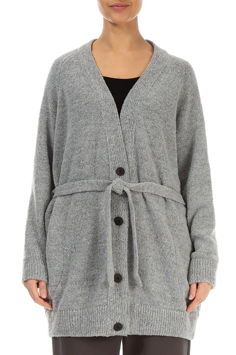 Buttoned V-Neck Light Grey Wool Cardigan –