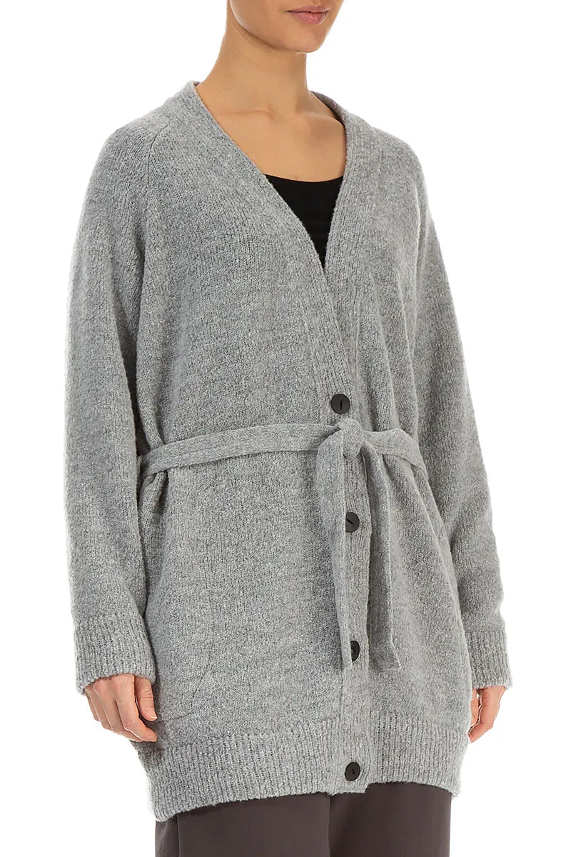Buttoned V-Neck Light Grey Wool Cardigan 3