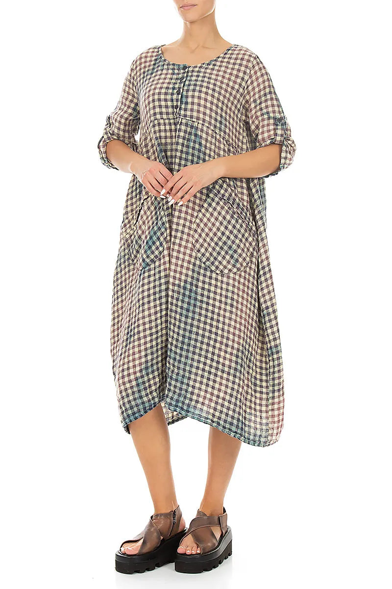 Buttoned Watercolour Check Linen Dress 4