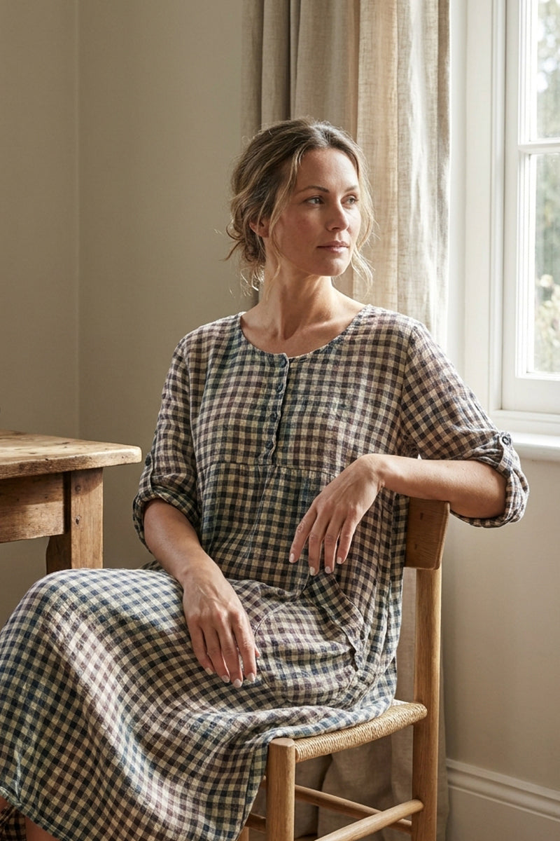 chinese dress ladies Buttoned Watercolour Check Linen Dress – grizas.com