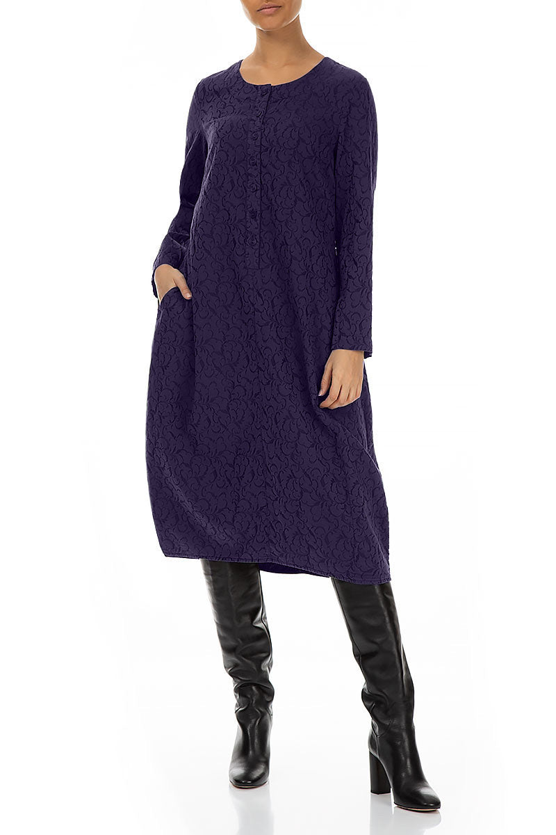 Buttons Front Ornamented Royal Purple Silk Cotton Dress 4