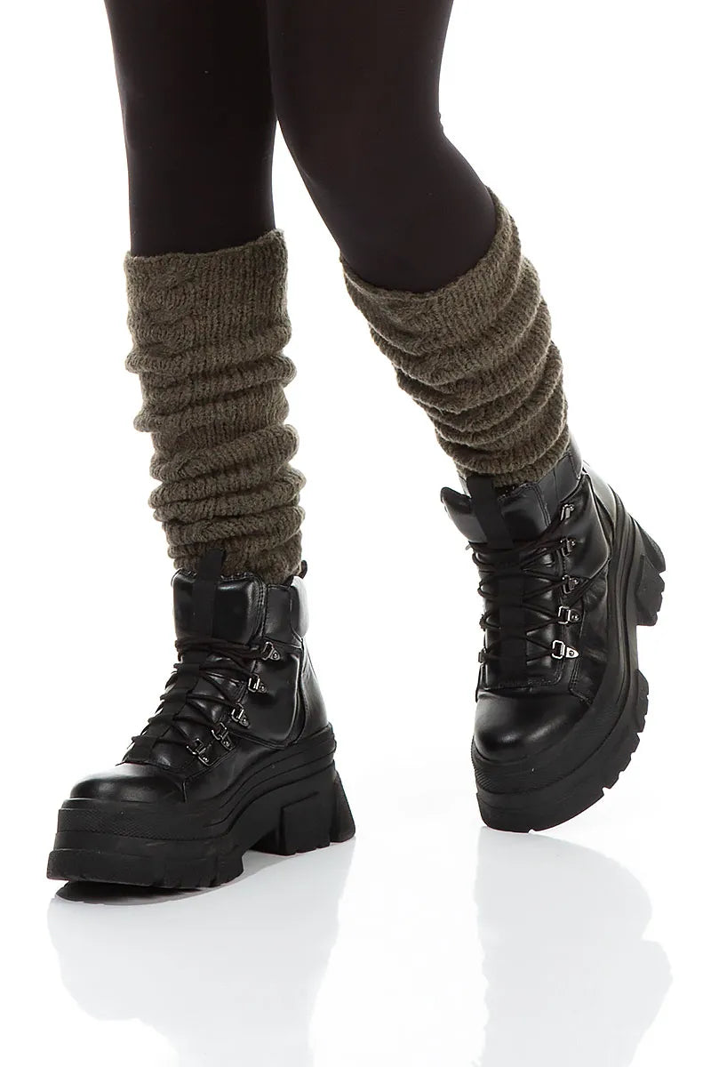 Cable Knit Khaki Wool Leg Warmers