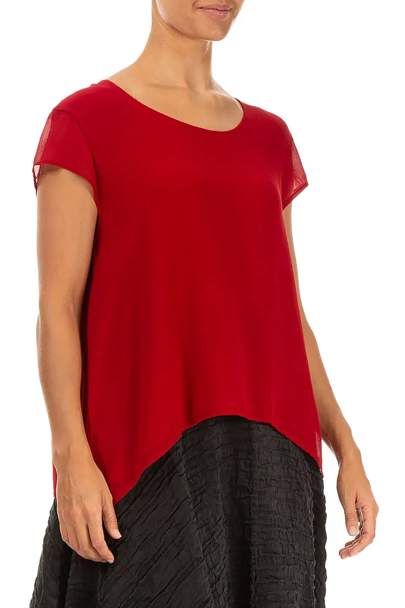 Cap Sleeves Cherry Red Silk Blouse