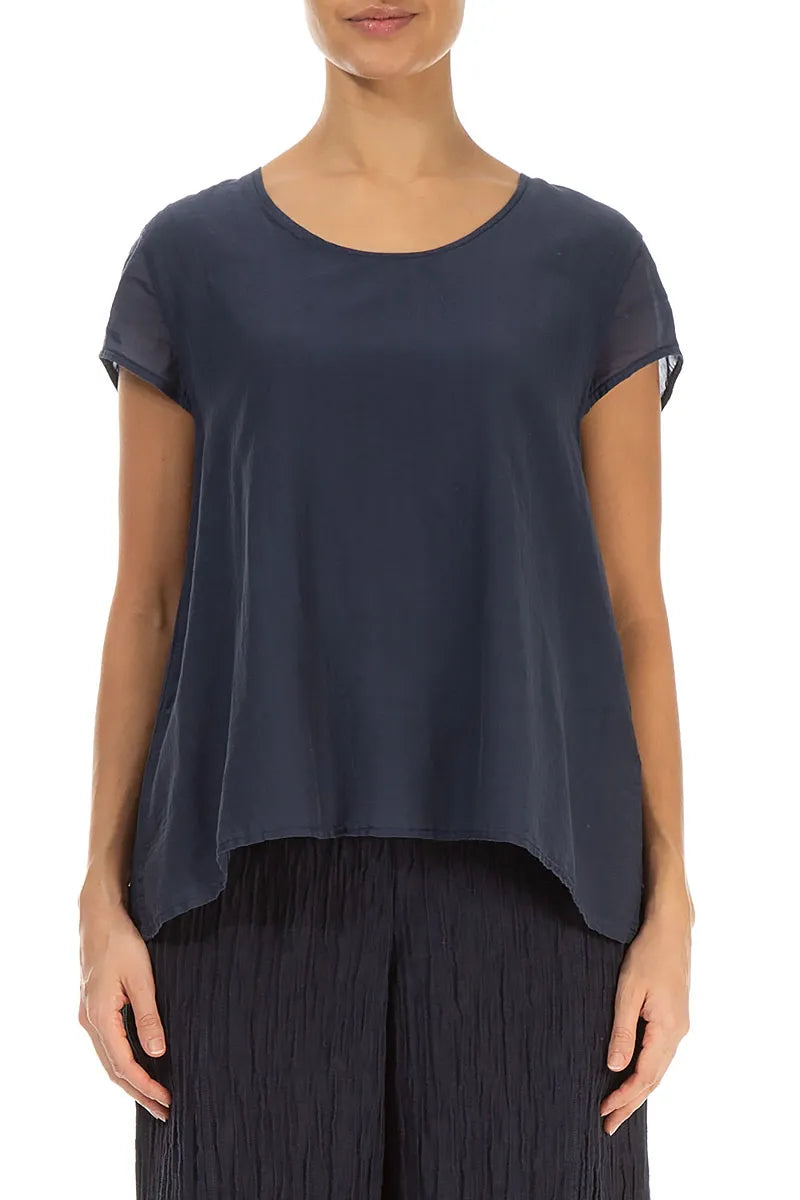 Cap Sleeves Graphite Blue Silk Cotton Blouse 1