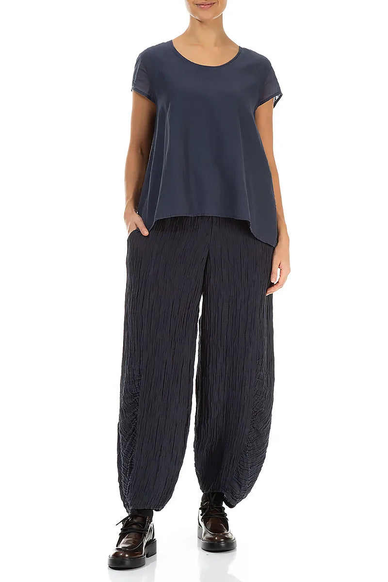 Cap Sleeves Graphite Blue Silk Cotton Blouse 4