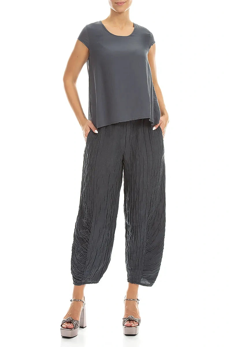 Bluse aus graphitfarbenem Seidenbaumwollstoff mit kurzen Ärmeln