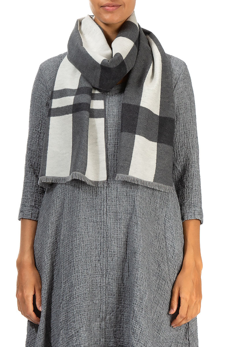 Checkered Grey Mulberry Silk Scarf 1