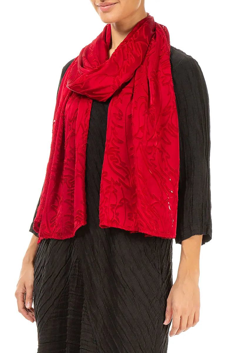 Cherry Red Devoré Feather Silk Scarf 3
