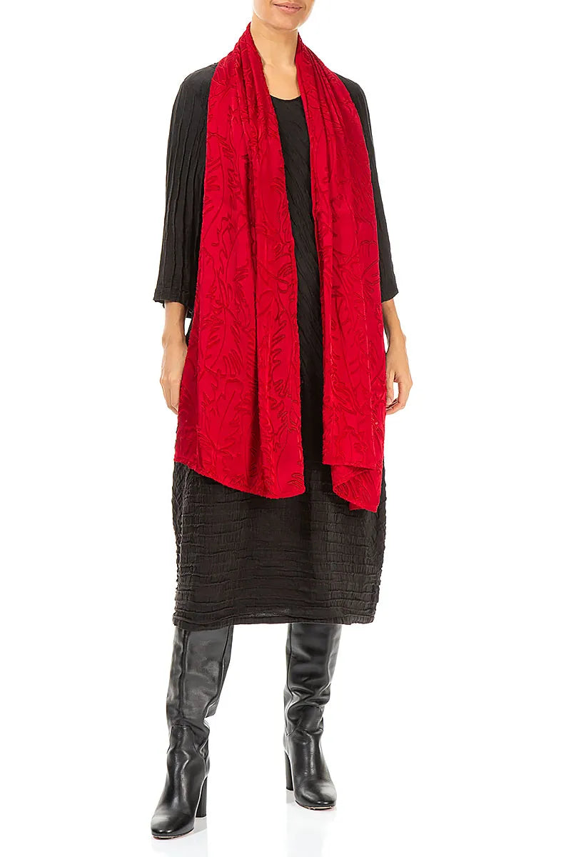 Cherry Red Devoré Feather Silk Scarf 2