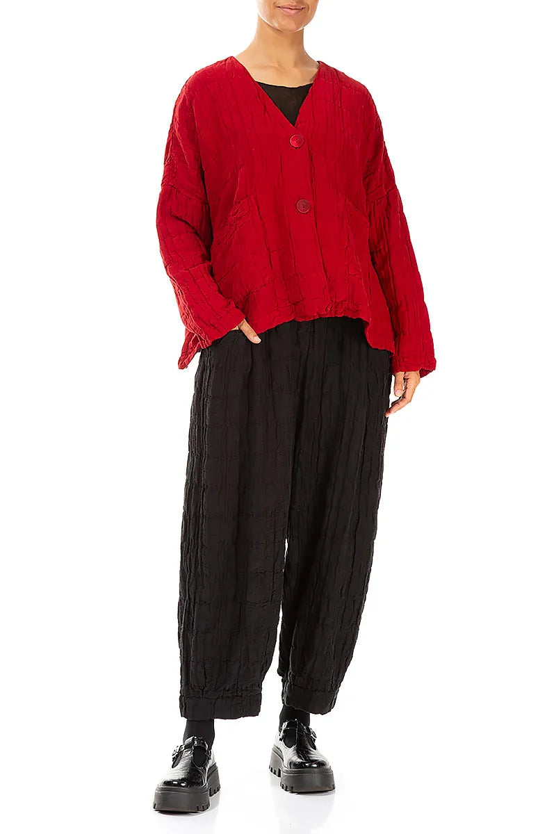 Cherry Red Pleated Silk Linen Jacket 4