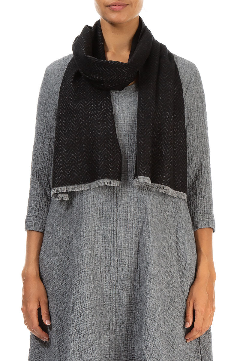 Chevron Pattern Black Mulberry Silk Scarf 1