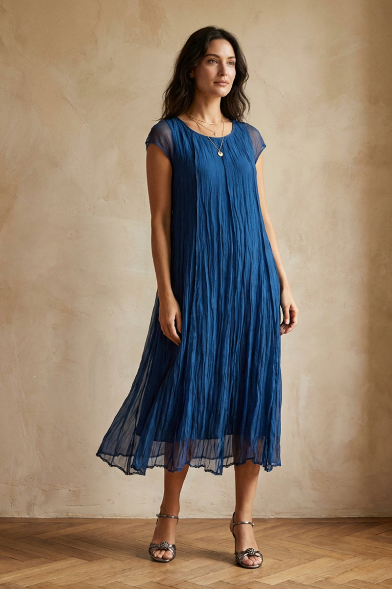 Cobalt Blue Crumpled Silk Chiffon Dress 1