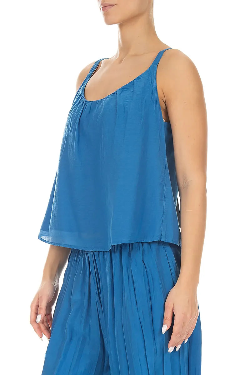 Haut caraco en soie et coton bleu cobalt