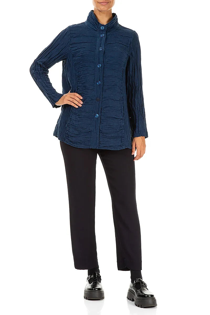 Collar Crinkled Royal Blue Silk Linen Jacket 4