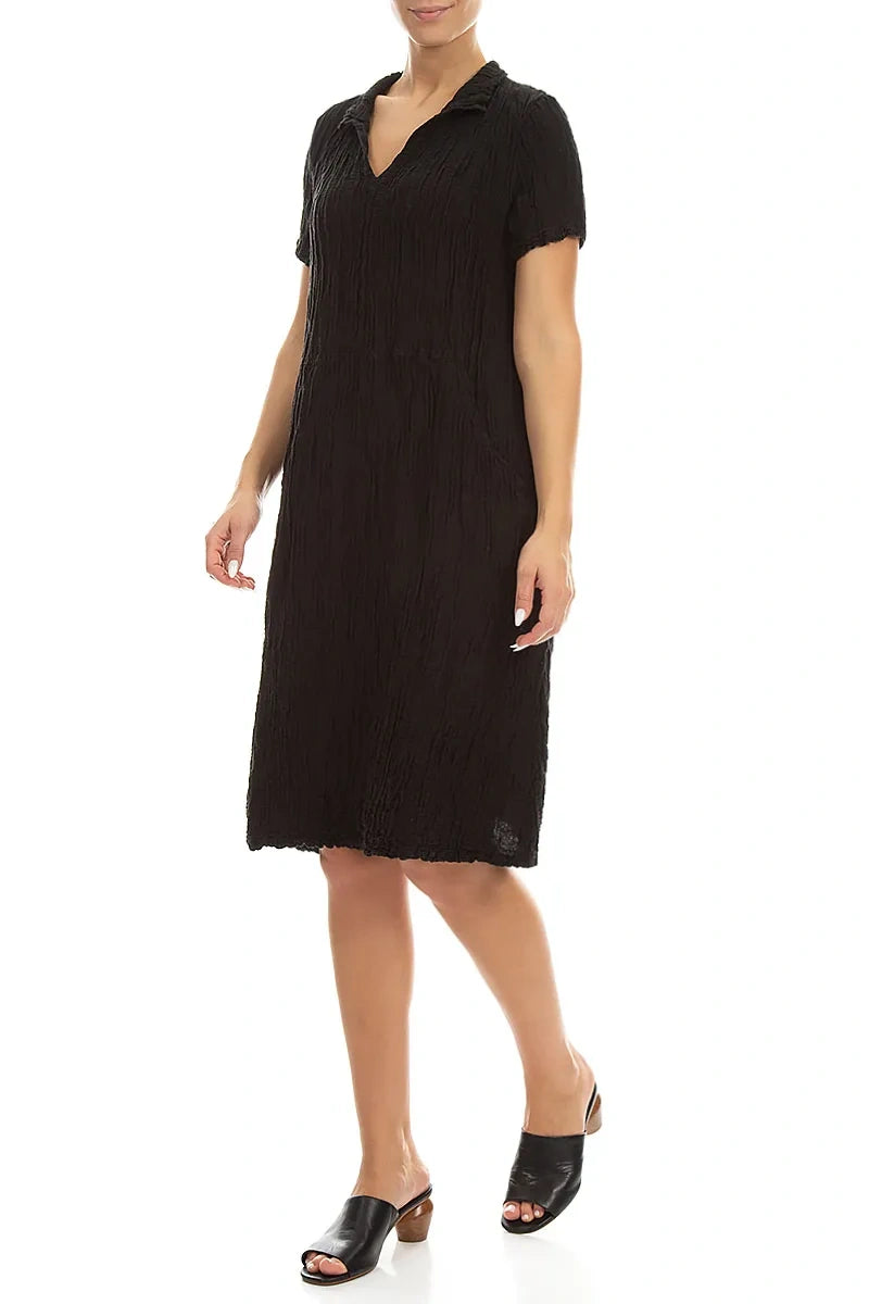 Collar Neck Crinkled Black Silk Linen Dress 3