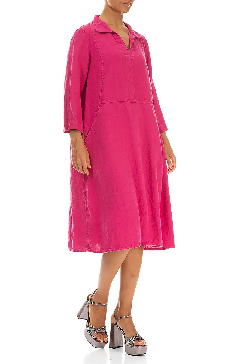 Collar Neck Fuchsia Linen Dress 3