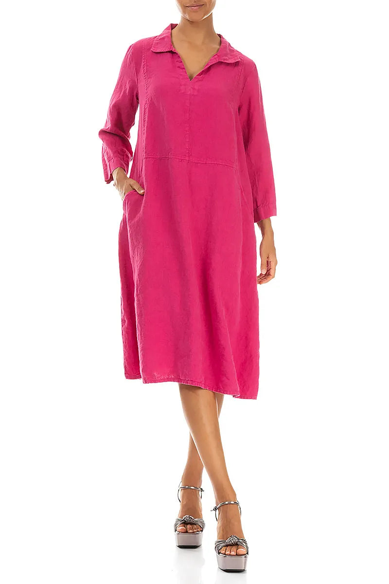 Collar Neck Fuchsia Linen Dress 4