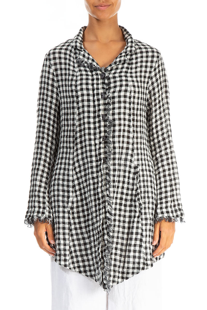 Collar Raw Edge Black & White Check Linen Jacket 1