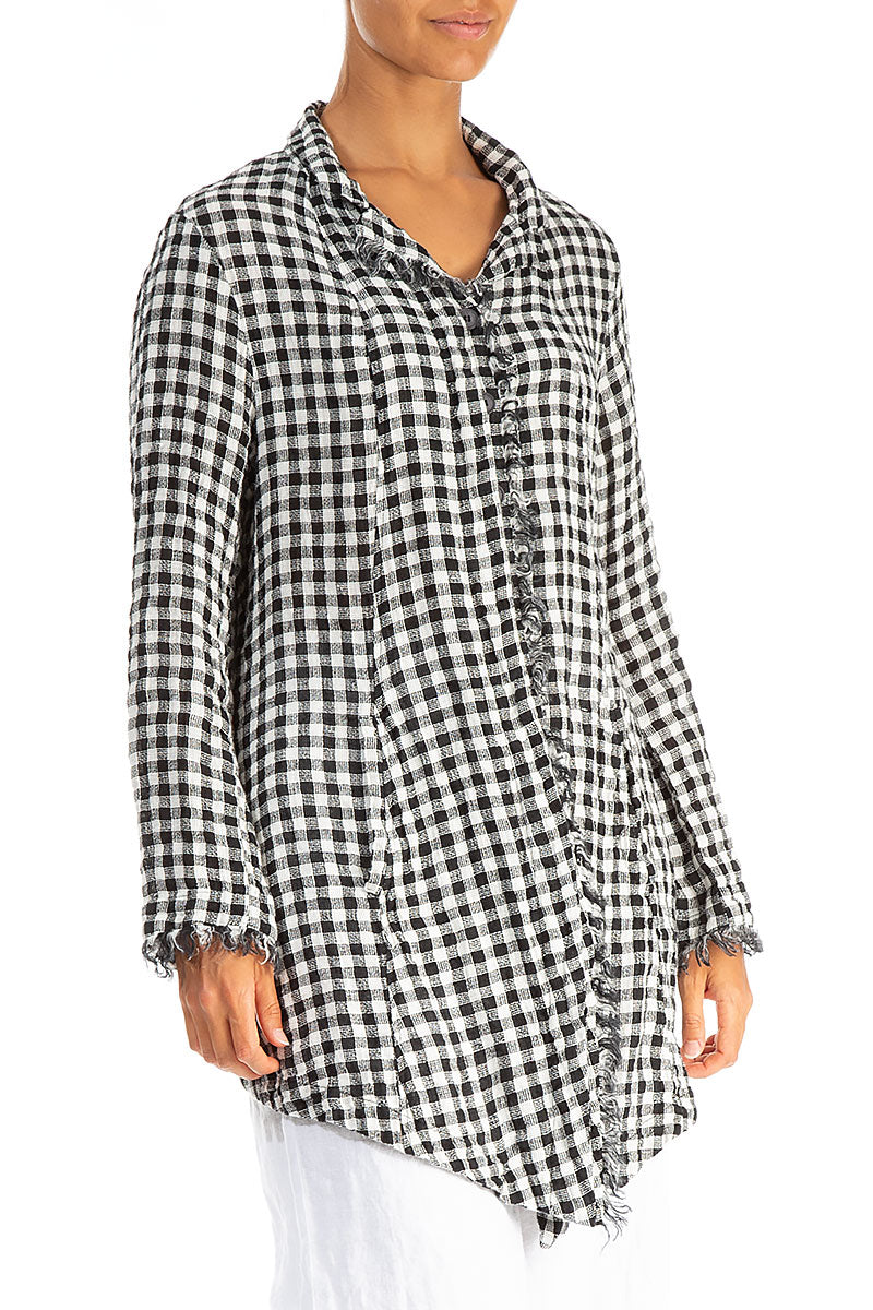 Collar Raw Edge Black & White Check Linen Jacket 3