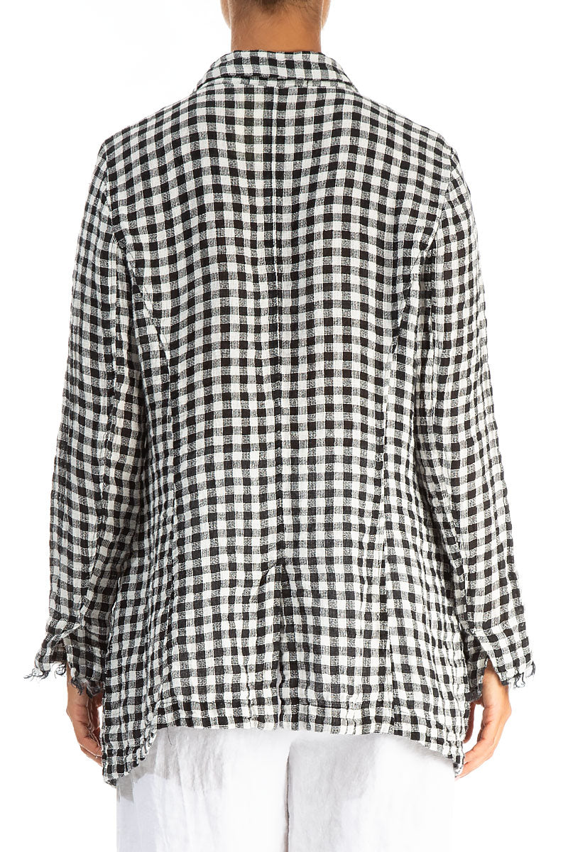 Collar Raw Edge Black & White Check Linen Jacket 2