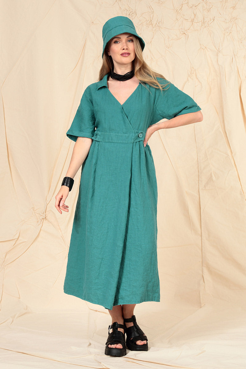 Collar V-Neck Turquoise Linen Dress –