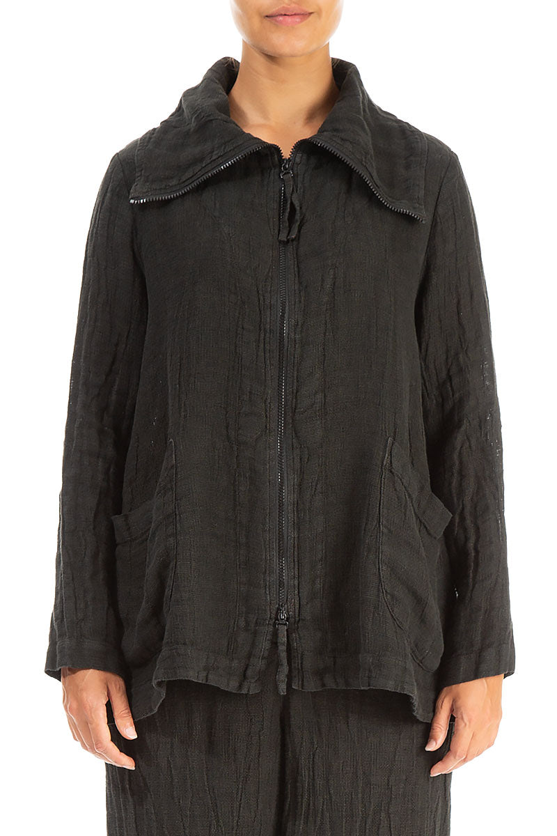 Collar Zip Chocolate Mélange Linen Jacket 1