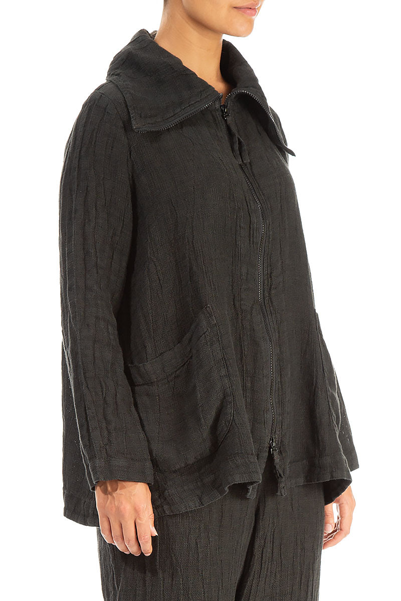 Collar Zip Chocolate Mélange Linen Jacket 3