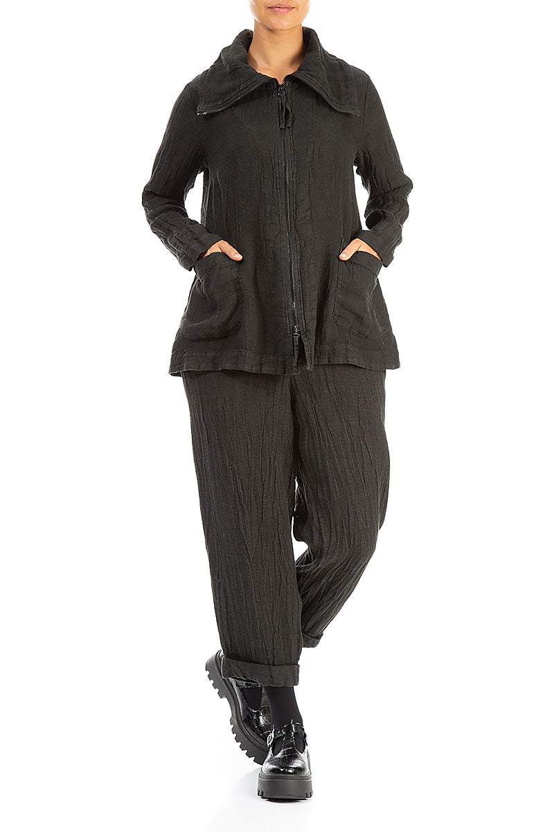 Collar Zip Chocolate Mélange Linen Jacket 4