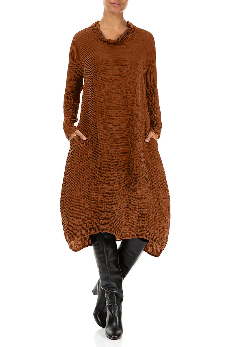 Cowl Neck Aged Copper Plissé Silk Dress 4