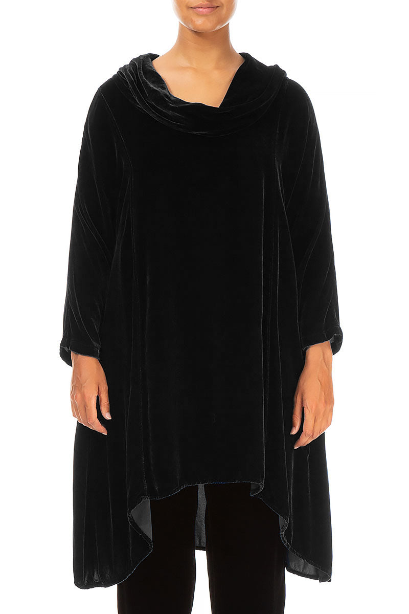 Cowl Neck Asymmetric Black Silk Velvet Tunic 1