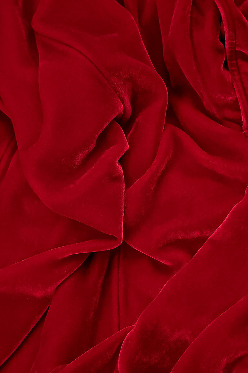 Cowl Neck Asymmetric Cherry Red Silk Velvet Tunic