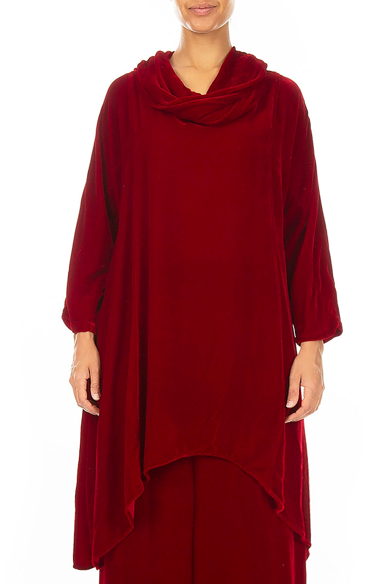 Cowl Neck Asymmetric Cherry Red Silk Velvet Tunic