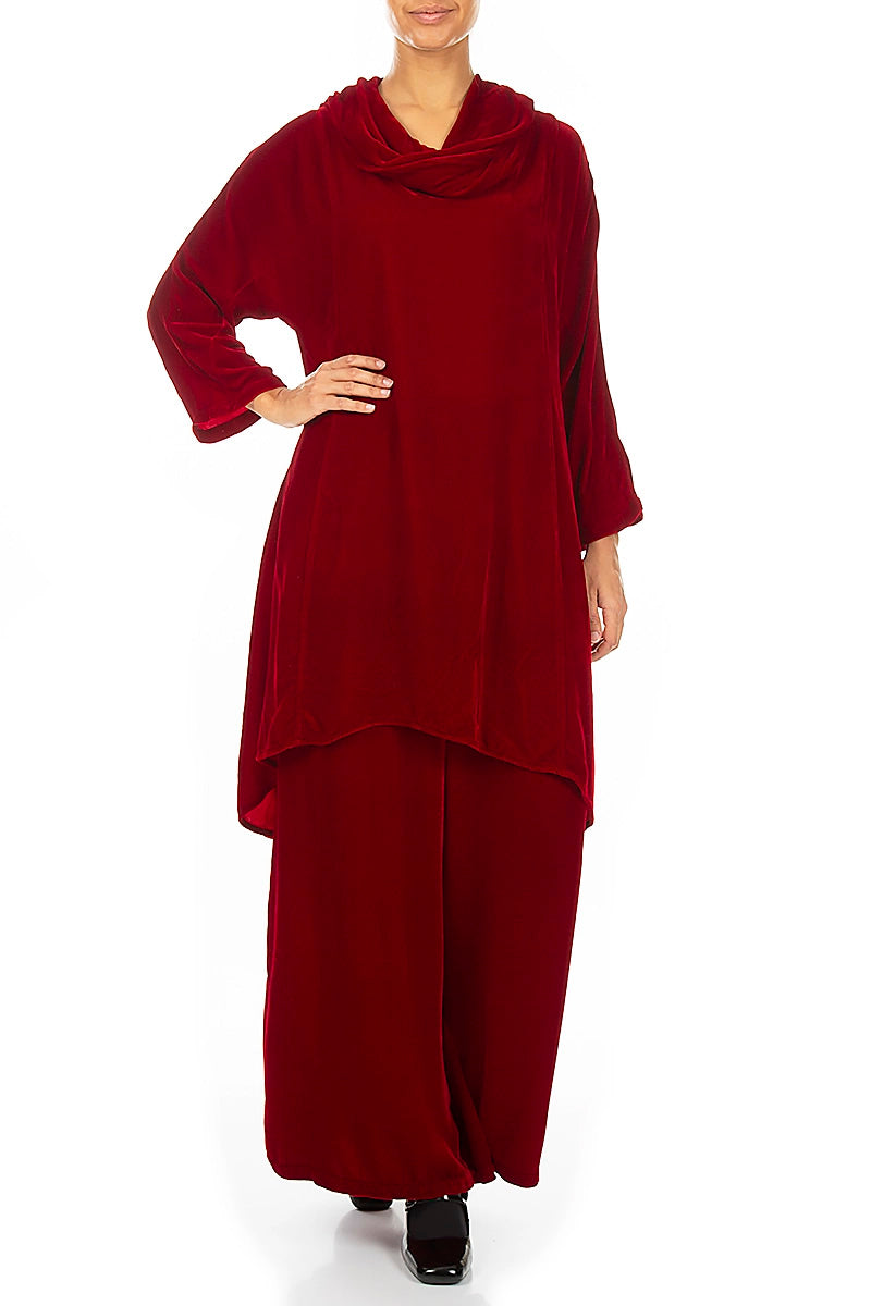 Cowl Neck Asymmetric Cherry Red Silk Velvet Tunic