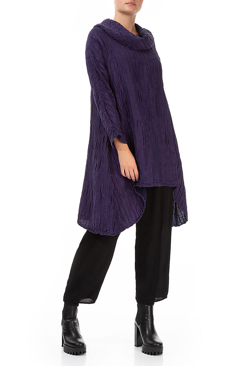 Cowl Neck Asymmetric Crinkled Royal Purple Silk Tunic 4