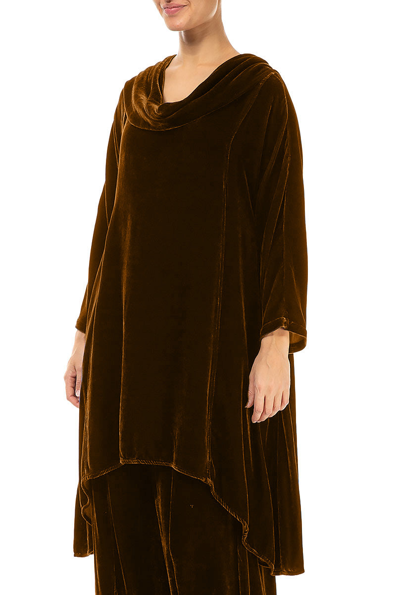 Cowl Neck Asymmetric Golden Olive Silk Velvet Tunic 3