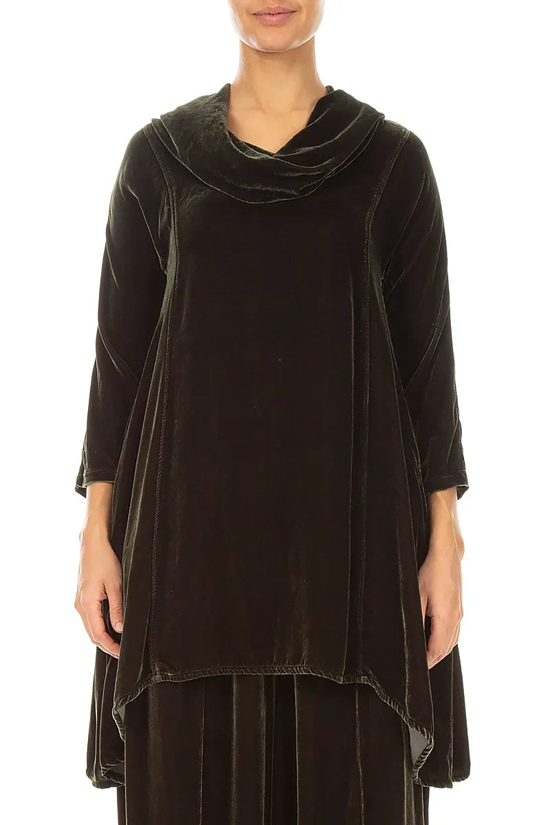 Cowl Neck Asymmetric Olive Silk Velvet Tunic 1
