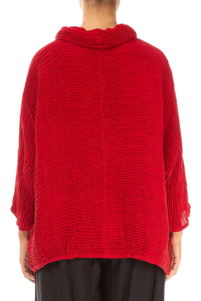 Cowl Neck Cherry Red Plissé Silk Blouse 2