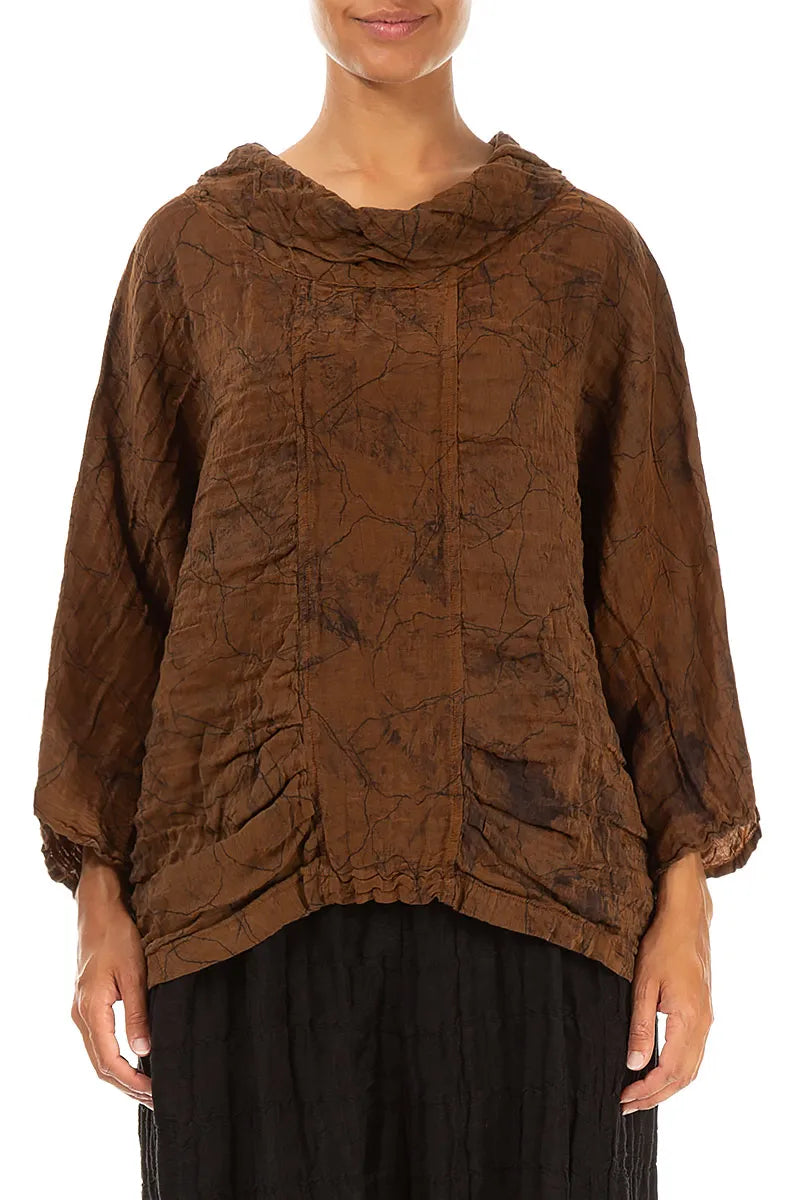 Cowl Neck Crinkled Aged Copper Marble Silk Blouse 1