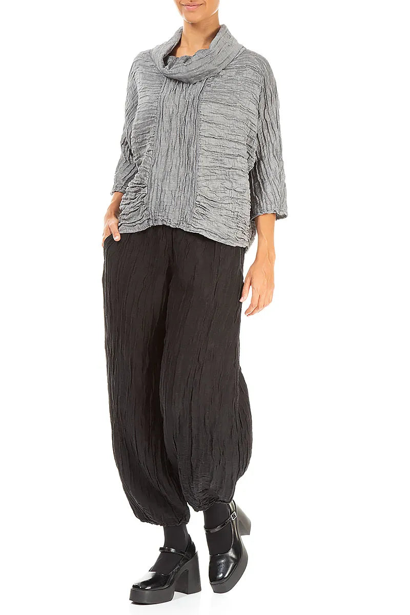 Cowl Neck Crinkled Silver Silk Blouse 4