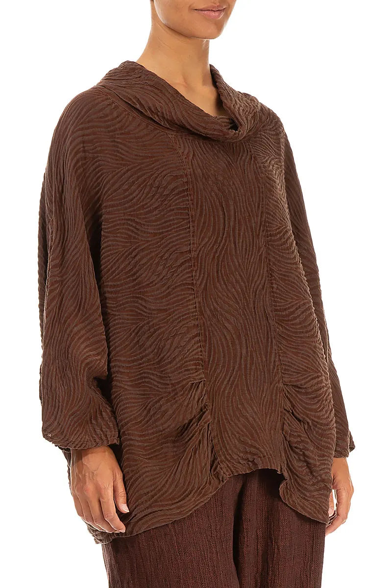 Cowl Neck Crinkled Cinnamon Waves Silk Linen Blouse 3