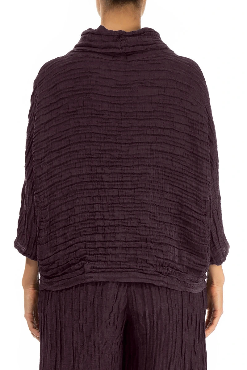 Cowl Neck Crinkled Deep Plum Silk Linen Blouse