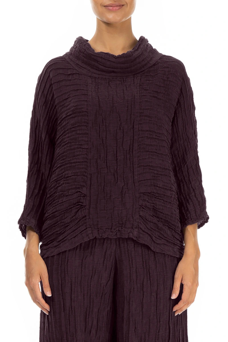 Cowl Neck Crinkled Deep Plum Silk Linen Blouse