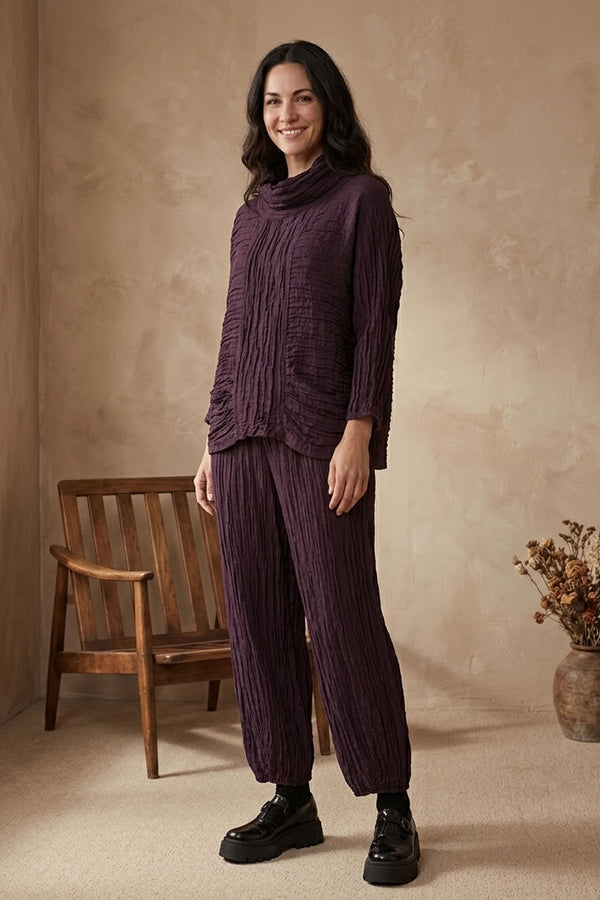 Cowl Neck Crinkled Deep Plum Silk Linen Blouse