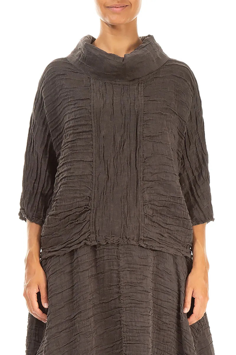 Cowl Neck Crinkled Forest Brown Silk Blouse 1